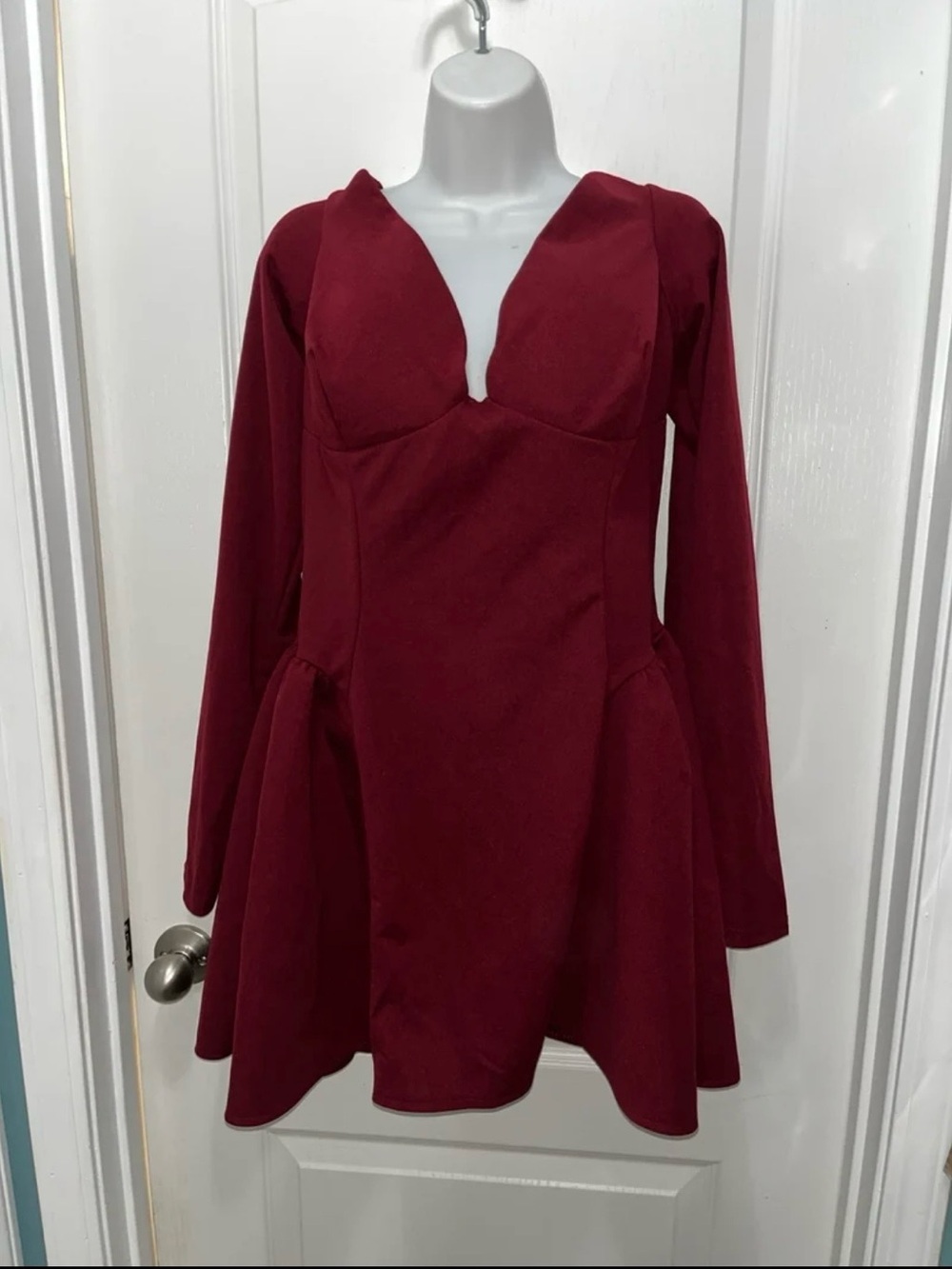 Off-Shoulder Burgundy Fit & Flare Dress - Picture 3 of 5
